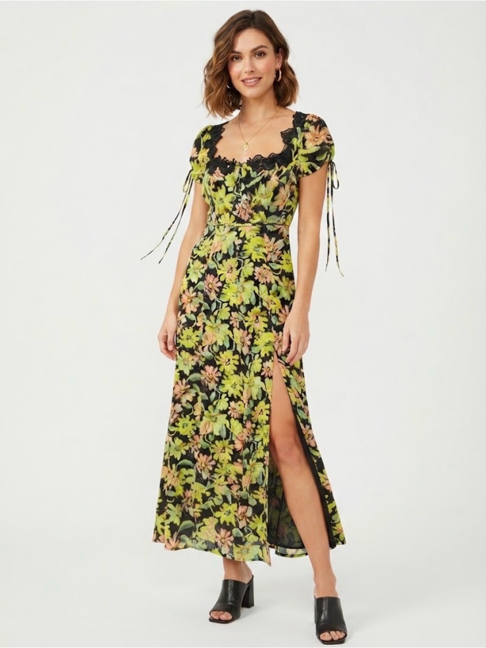 Free People Black Floral Lace-Trim Maxi Dress with Green Bloom